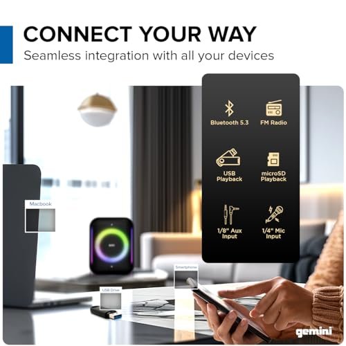 Gemini GRV-650L Bluetooth party speaker with LED lights and 6.5-inch woofer, featuring a sleek black design.