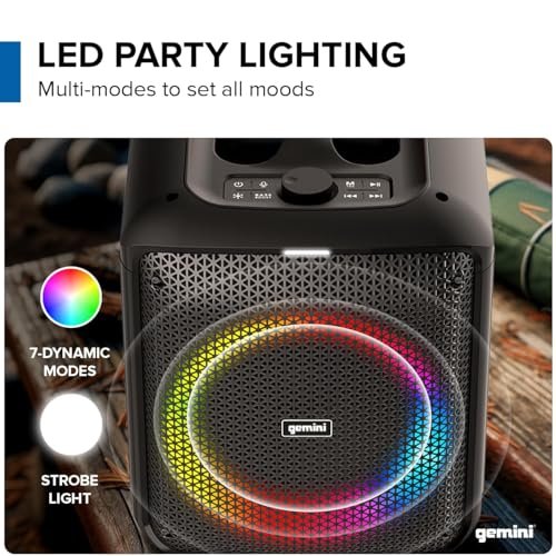 Gemini Sound GGO-650L portable wireless karaoke speaker in black with LED lights and 100W power