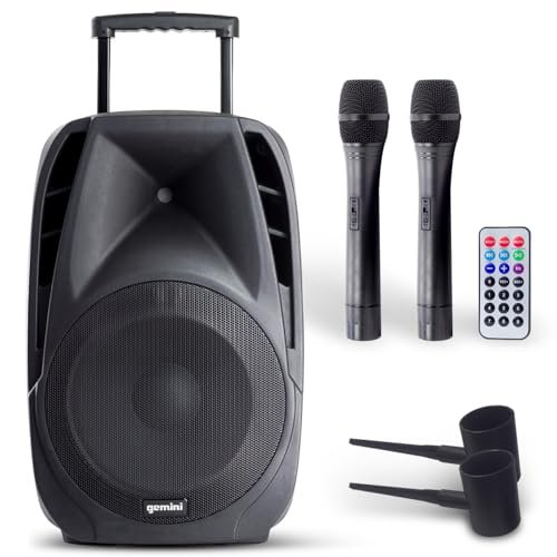 Gemini Sound 15-inch battery powered PA speaker system with 800W peak power, portable design, and black finish