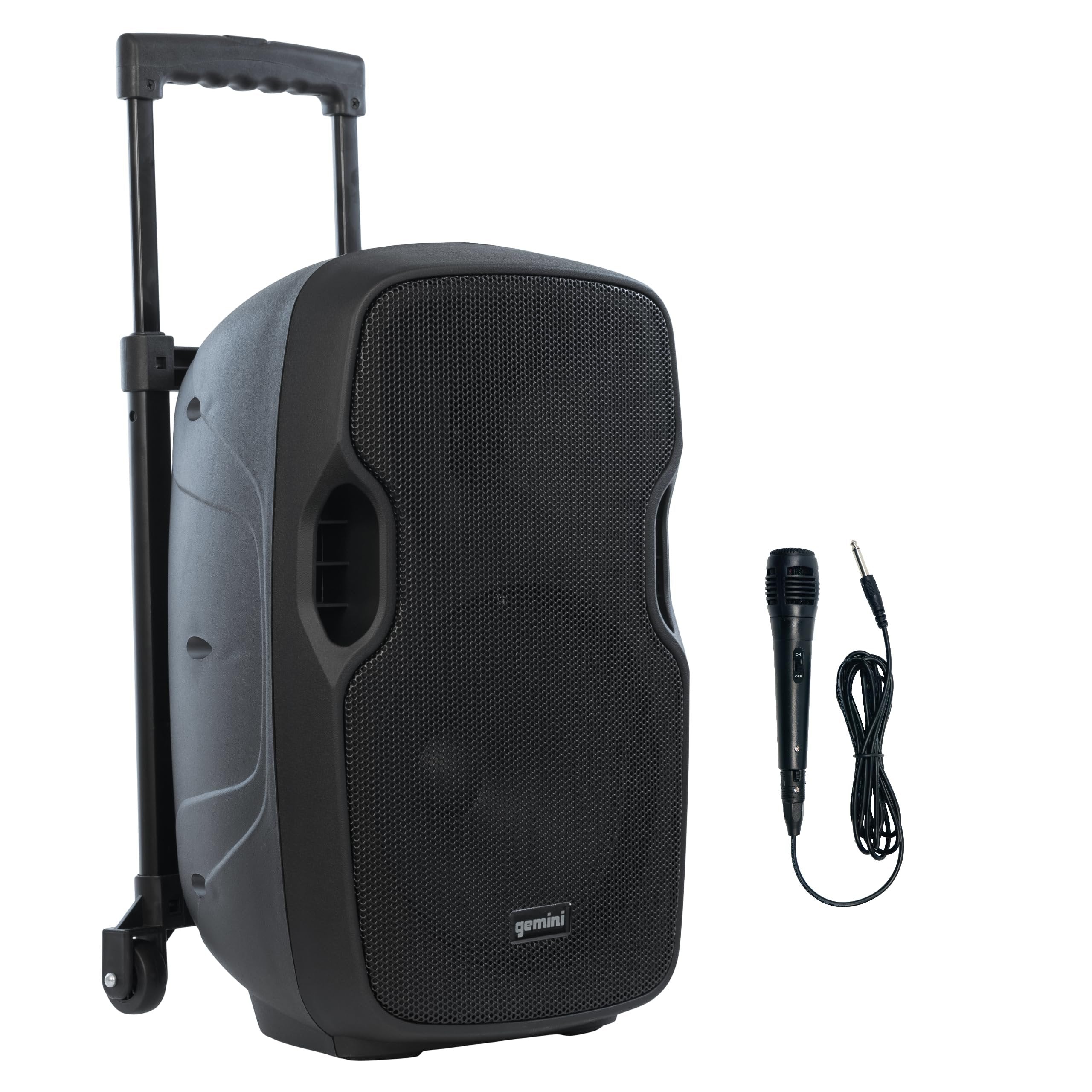 Gemini AS-10TOGO portable Bluetooth speaker with 10-inch woofer, black casing, and built-in battery.