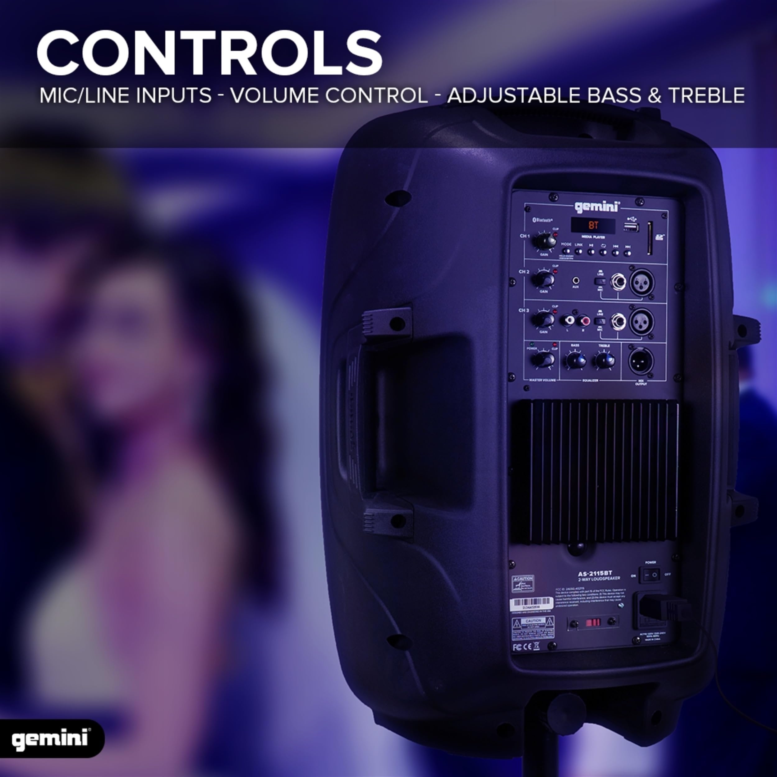 Gemini AS-2115BT 15-inch powered Bluetooth PA speaker with black ABS cabinet, 2000W power, and 40Hz-20kHz frequency range