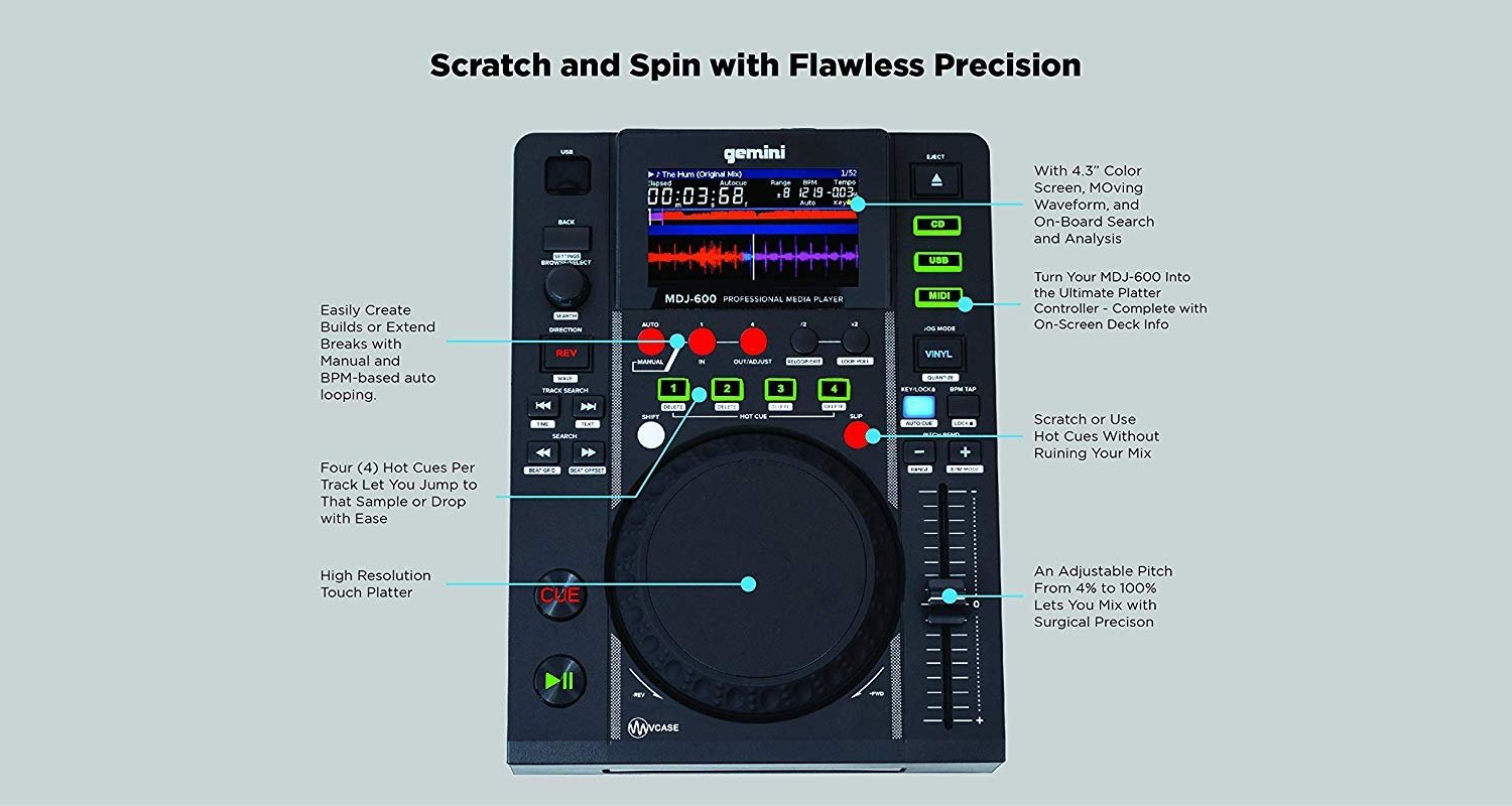Gemini MDJ-600 Professional DJ CD USB Media Player with Touch Platter