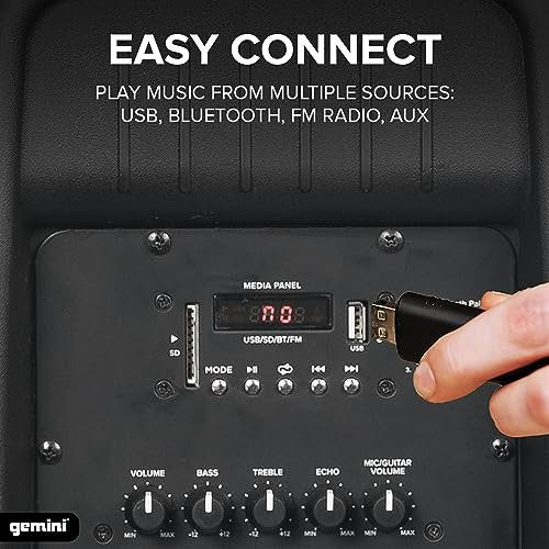 Gemini AS-15TOGO 15-inch portable Bluetooth speaker with wheels, black casing and built-in handle for easy transport