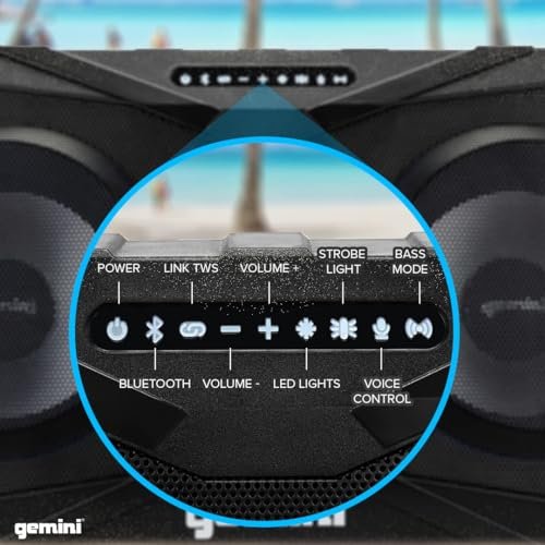 Black waterproof Bluetooth speaker with dual 8-inch woofers, 400W power, designed for poolside use by Gemini Sound