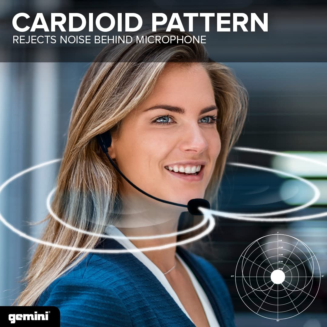 Gemini GMU-HSL100 UHF wireless microphone system with dual-mic and bodypack, 50-meter range, compact design