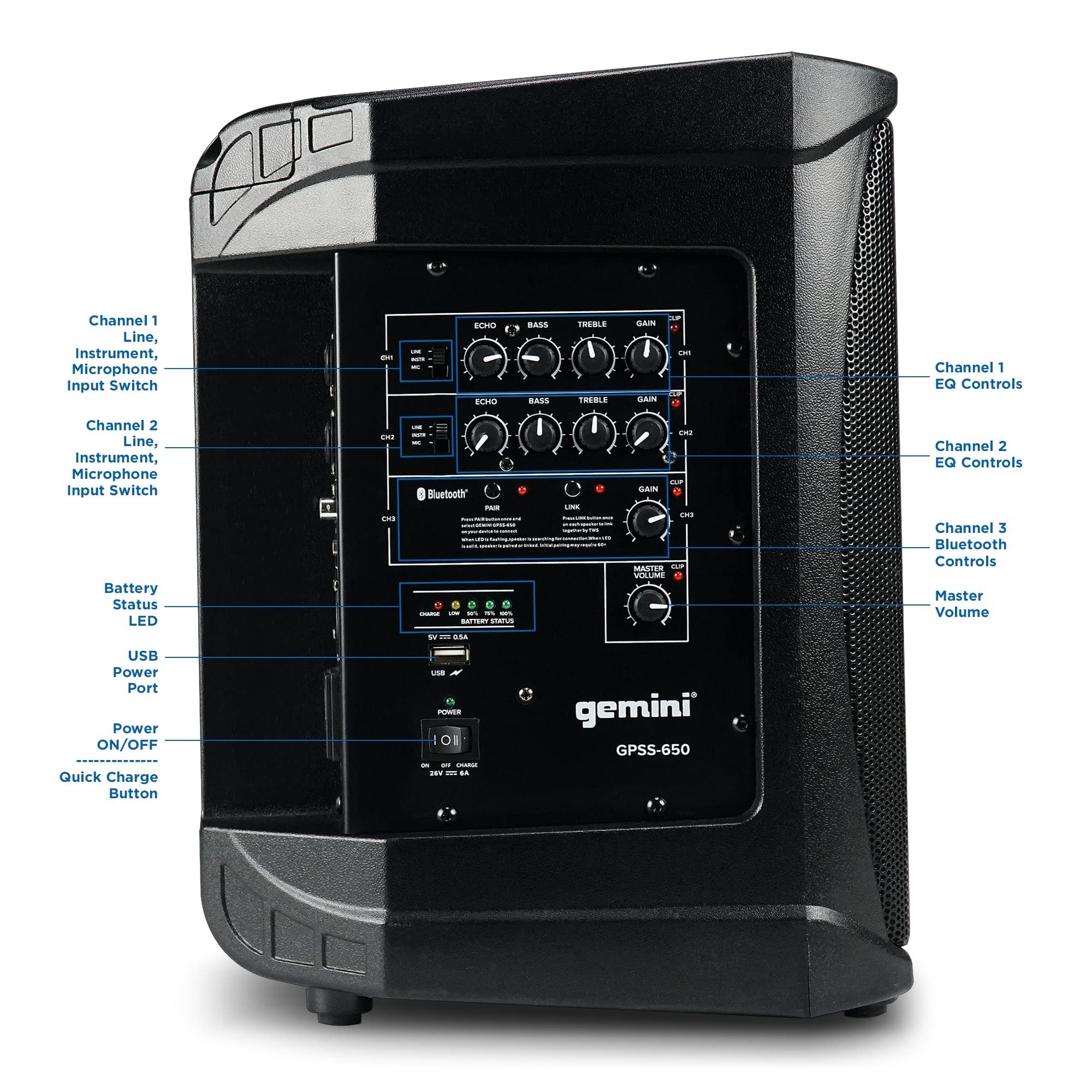 Gemini Sound GPSS-650 Portable 200W Bluetooth PA speaker with 12-hour battery, black design