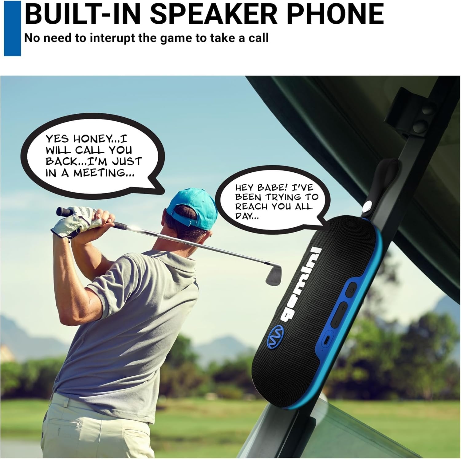 Portable black Bluetooth speaker with IPX6 waterproof rating and LED lights, mounted on a golf cart