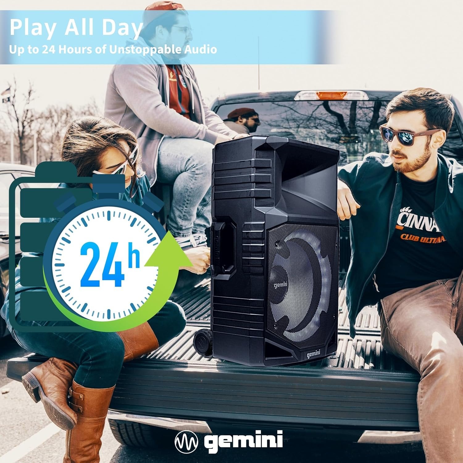 Gemini Sound GXP-T1500 portable 1500W Bluetooth PA speaker with 15-inch woofer, waterproof design, and battery power.