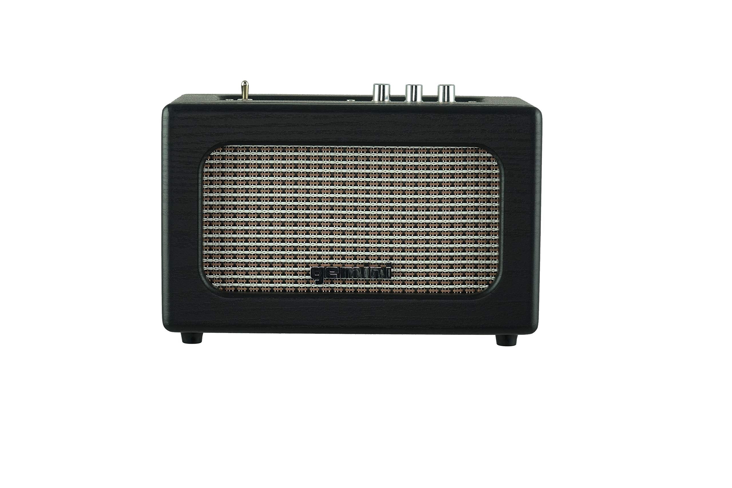 Gemini Sound GTR-100 Vintage Bluetooth Speaker in retro design, 40W power, analog controls, and aux input.