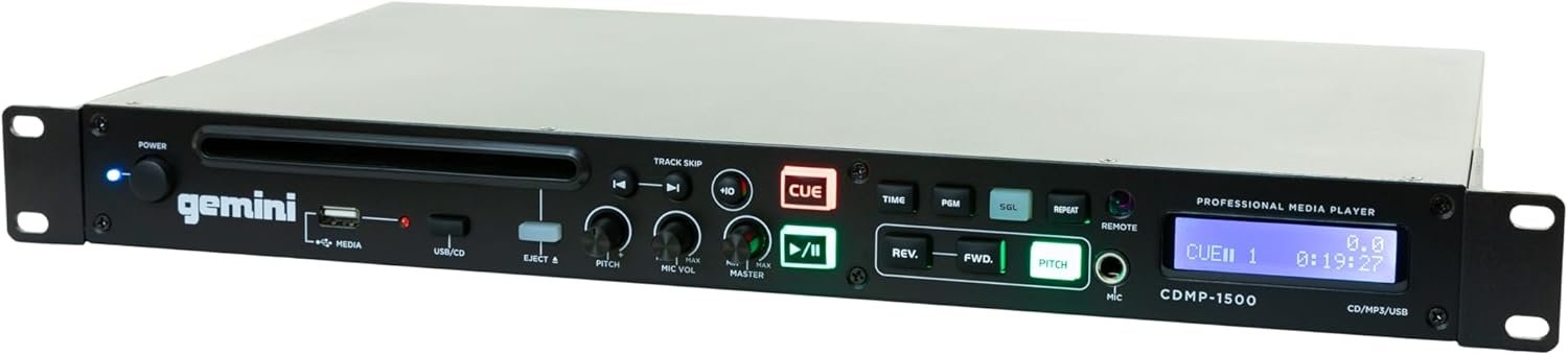 Gemini CDMP-1500 DJ CD media player with anti-shock feature and sleek black design