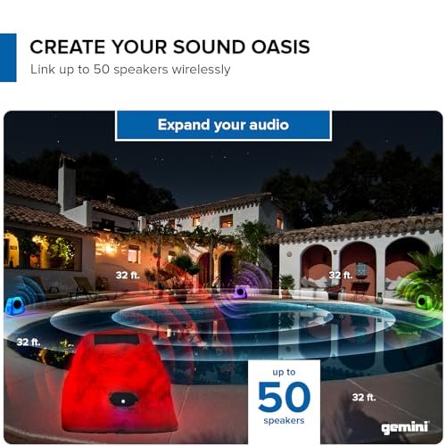 Gemini Sound waterproof rock speaker with Bluetooth 5.0, LED lights, and 5-inch drivers for outdoor use.