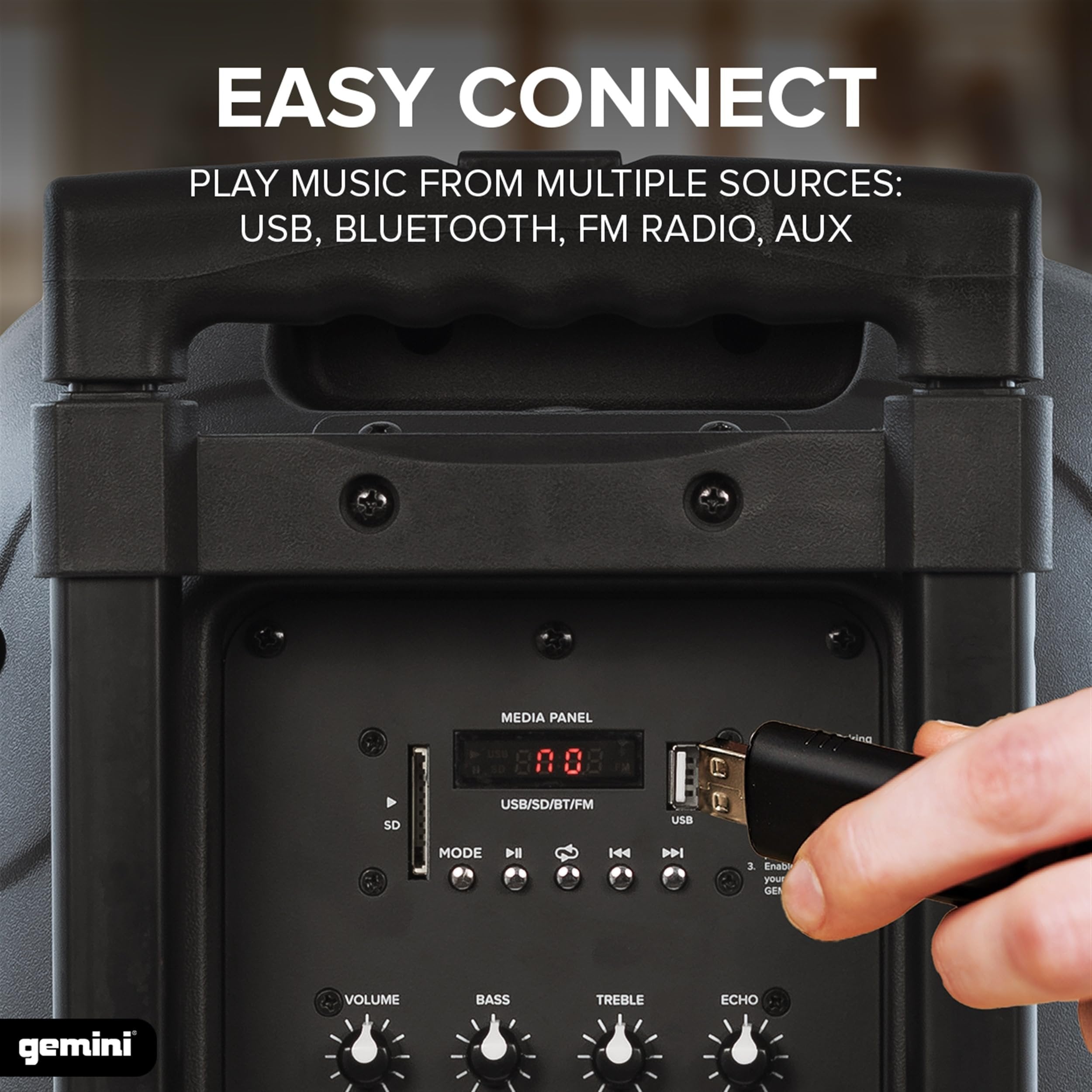 Gemini AS-10TOGO portable Bluetooth speaker with 10-inch woofer and battery, featuring a sleek black design.