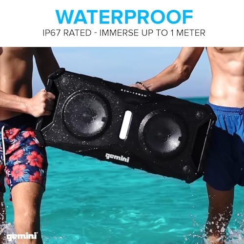 Black waterproof Bluetooth speaker with dual 8-inch woofers, 400W power, designed for pool use by Gemini Sound
