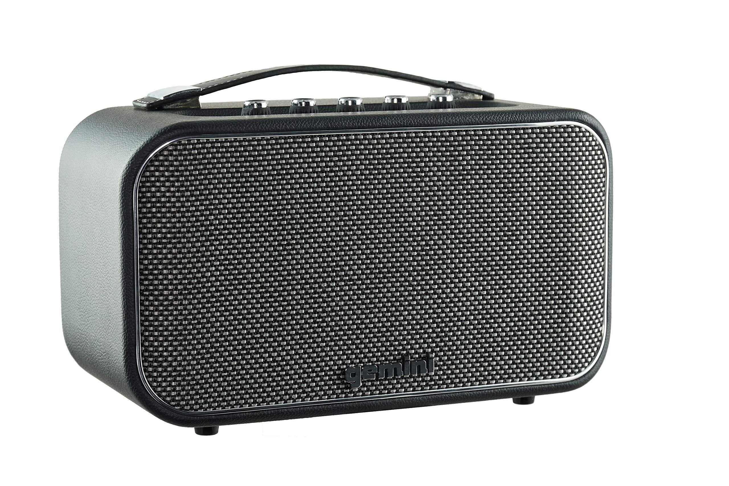 Gemini Sound GTR-300 portable Bluetooth speaker guitar amp in black, featuring dual XLR inputs and analog controls.