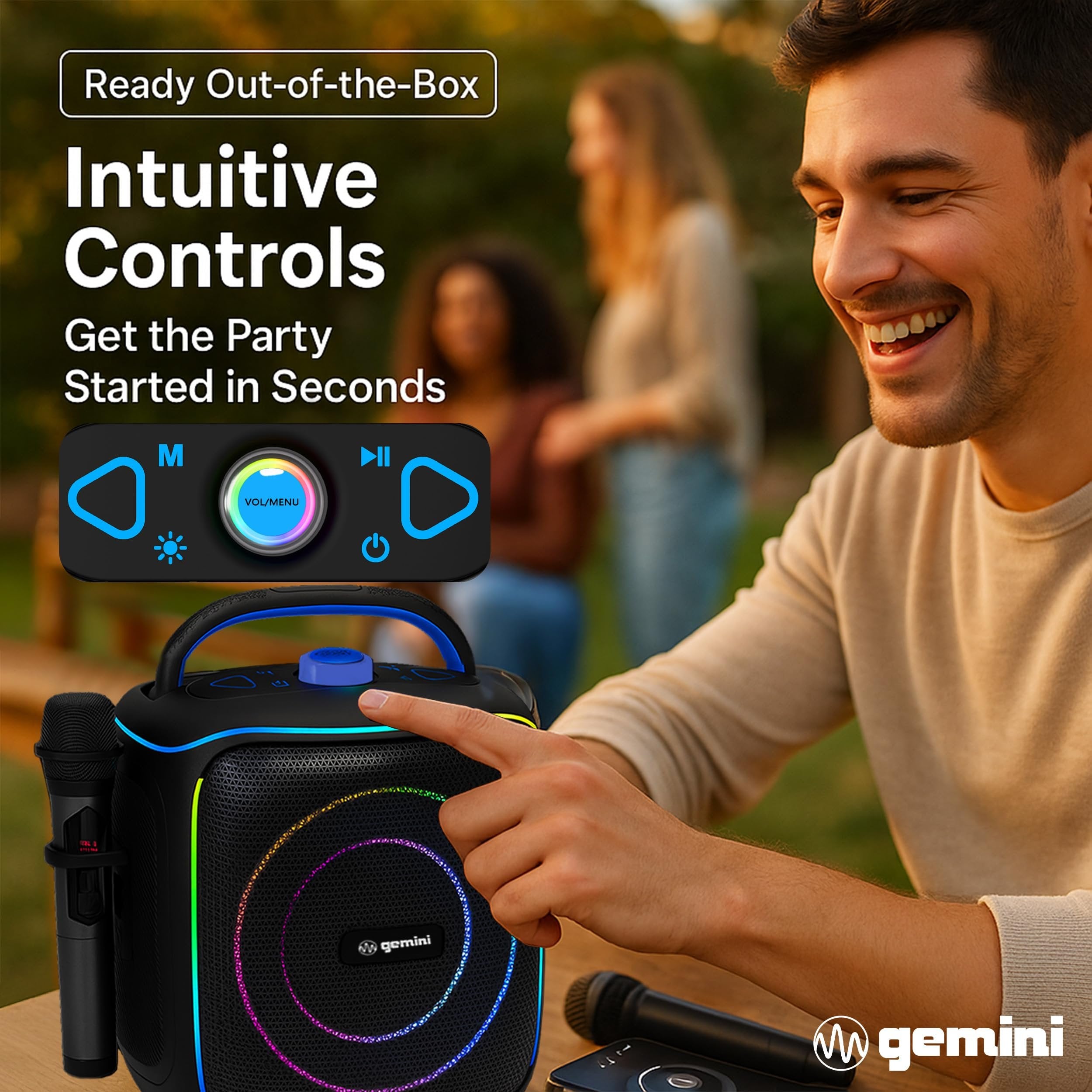 Gemini Sound GPK-200PK rechargeable karaoke speaker with two wireless microphones and RGB LED tripod stand