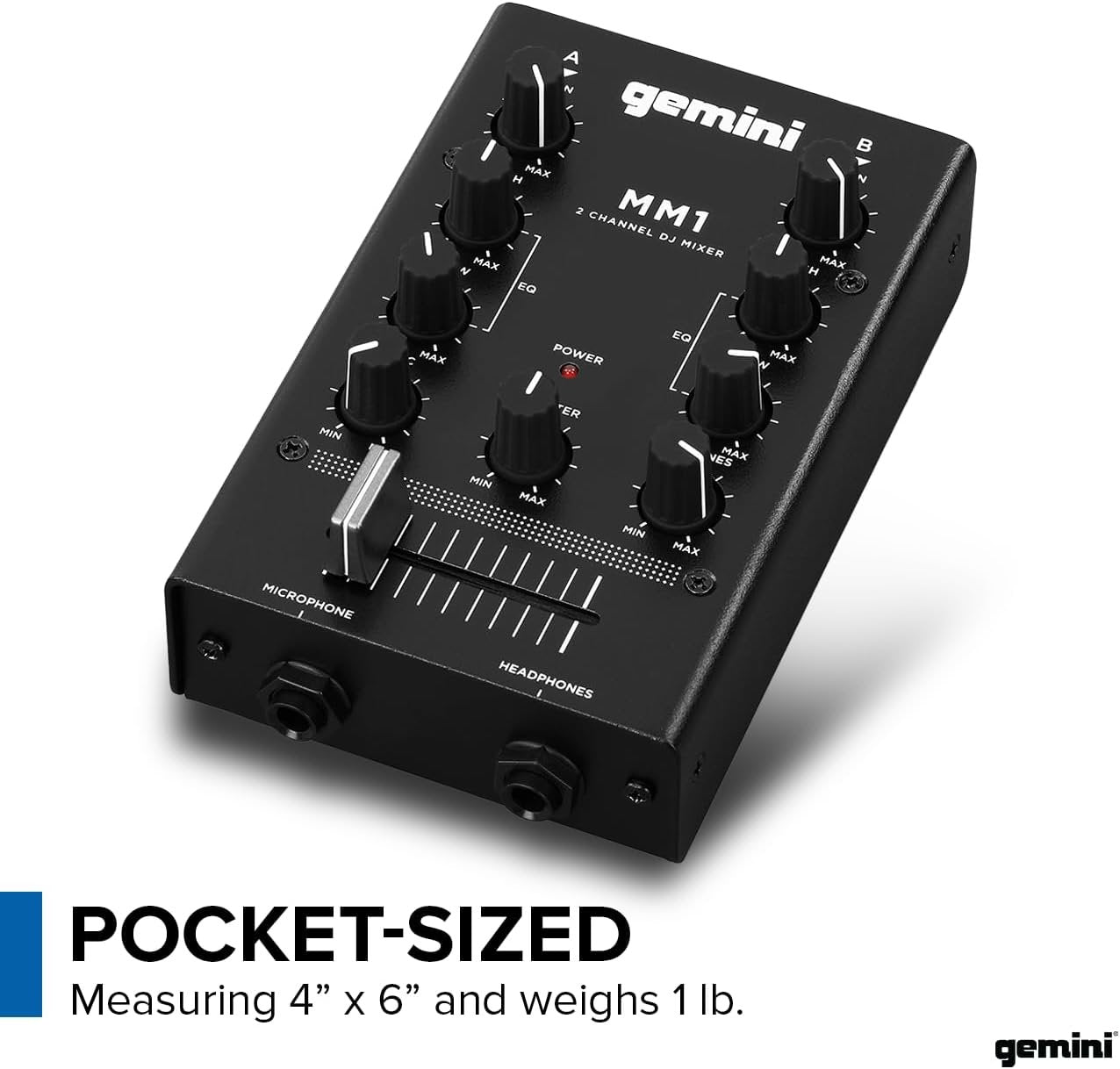 Gemini Sound MM1 portable 2-channel metal DJ mixer with compact design and audio-routing features