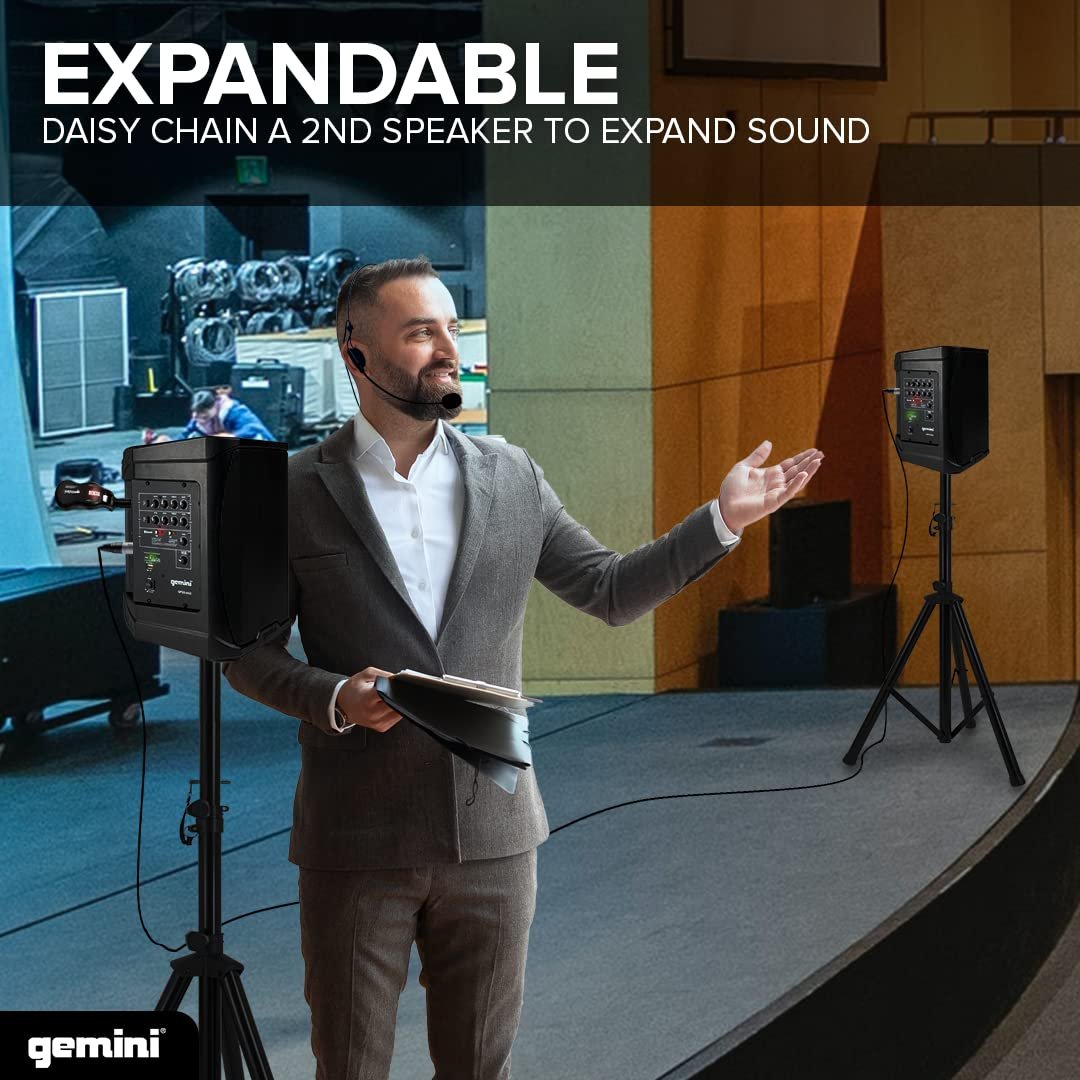 Gemini GMU-HSL100 UHF wireless microphone system with dual mics and bodypack, 50-meter range, black design
