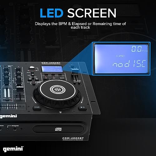 Gemini Sound CDM-4000BT Dual CD USB DJ player with Bluetooth, featuring a sleek black design and front control panel.