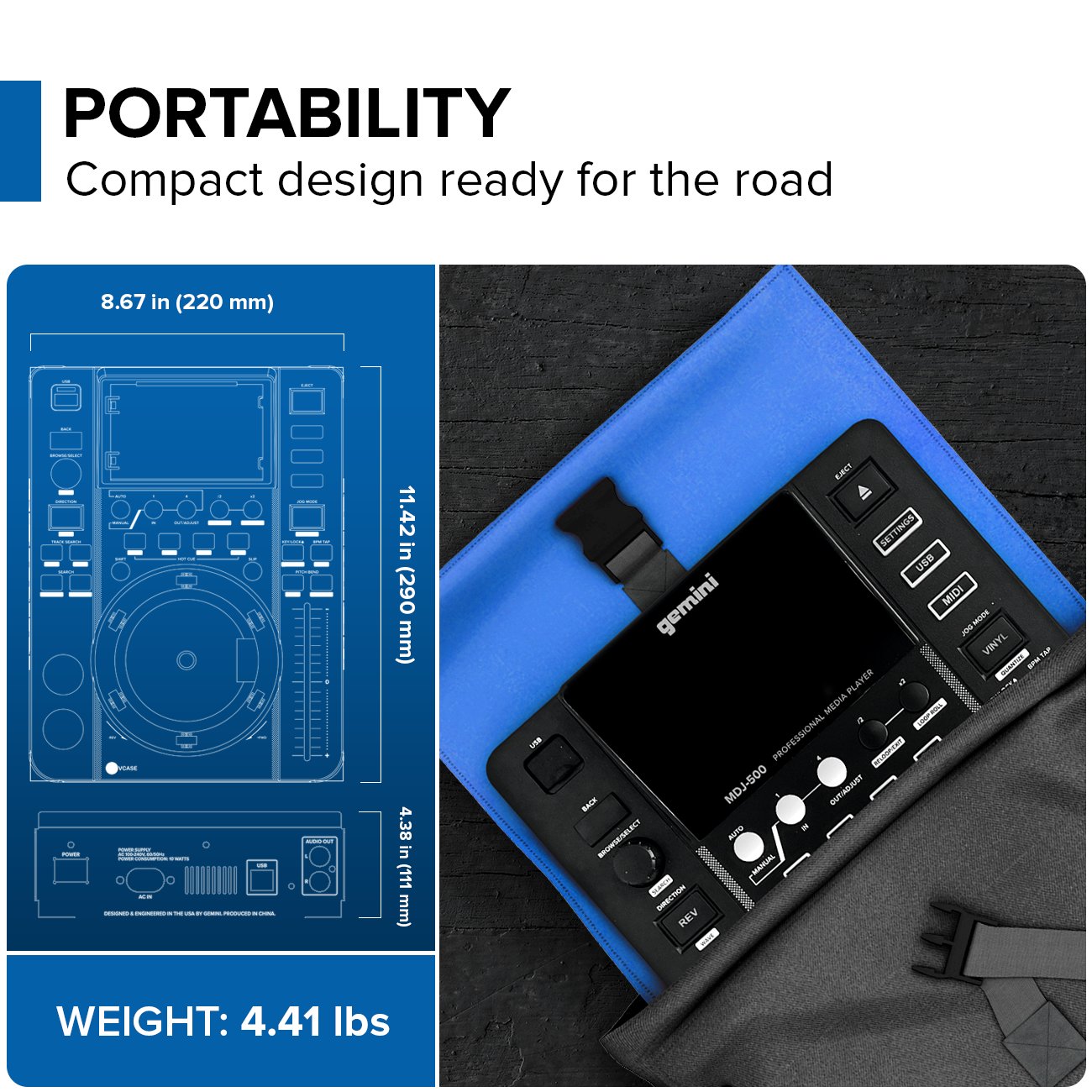 Compact Gemini MDJ-500 DJ media player with sleek black design and user-friendly controls