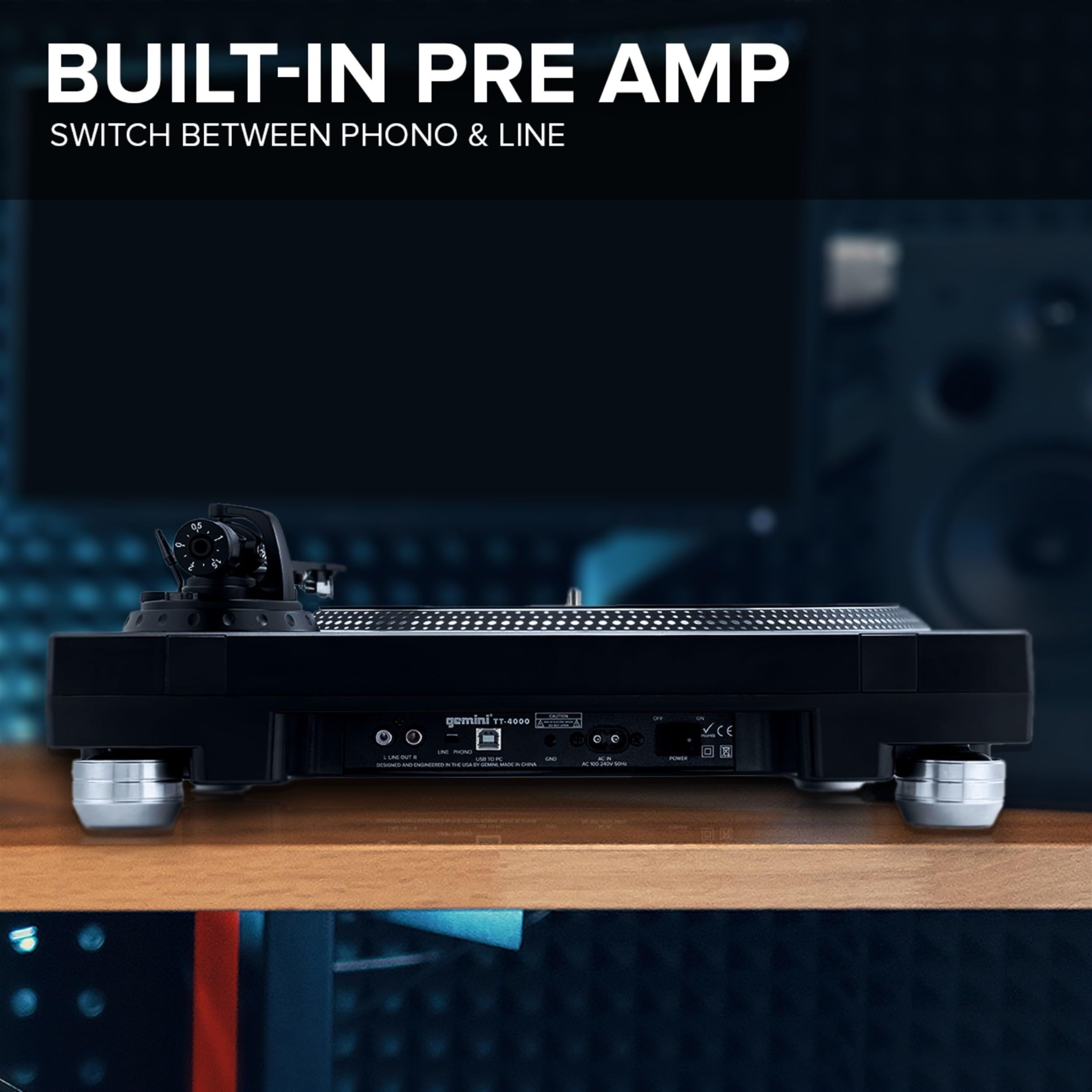 Gemini TT-4000 black DJ turntable with aluminum platter, high torque direct drive, and anti-skate feature.