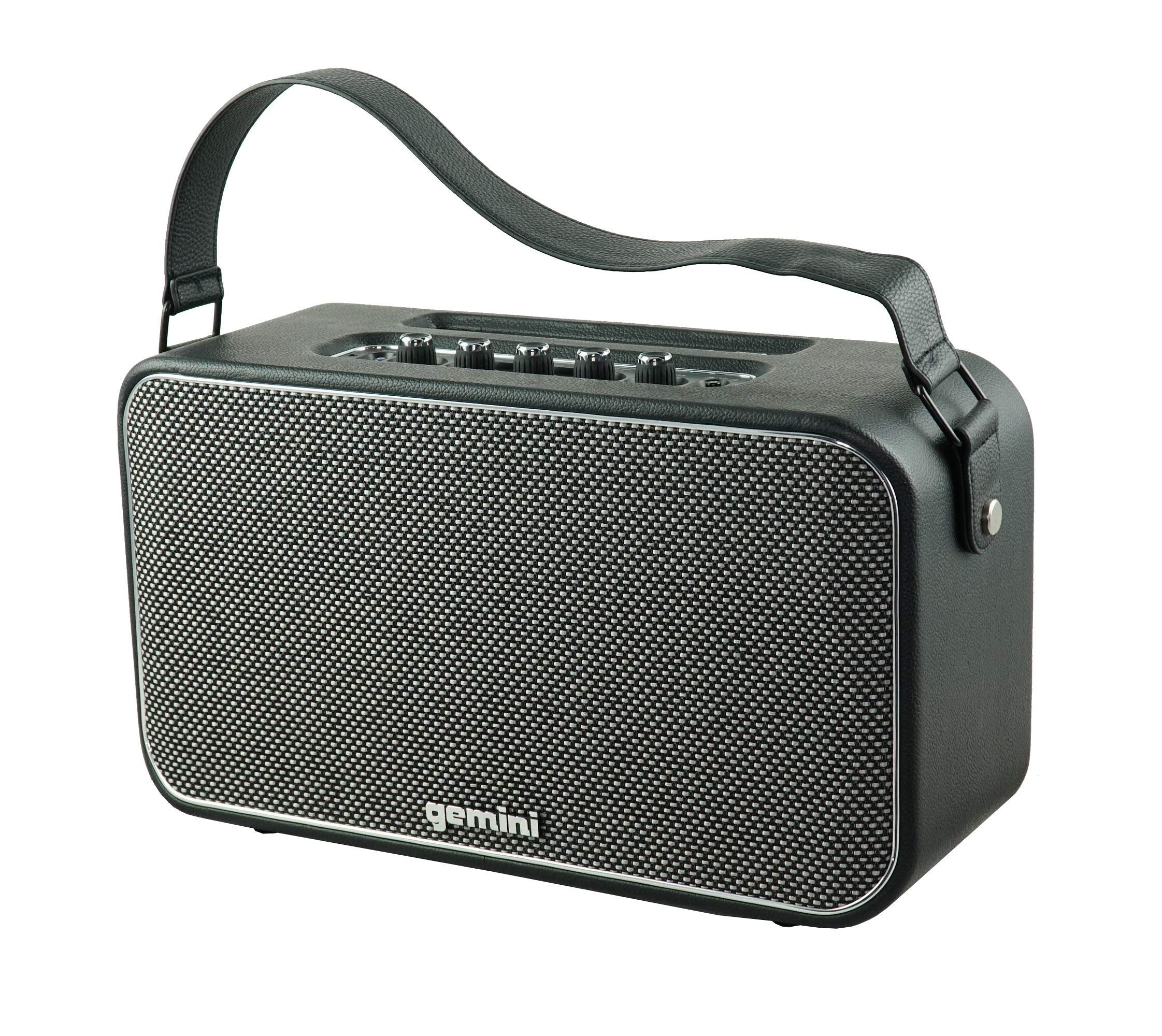 Gemini Sound GTR-400 retro Bluetooth speaker guitar amp in black with analog controls and aux input.