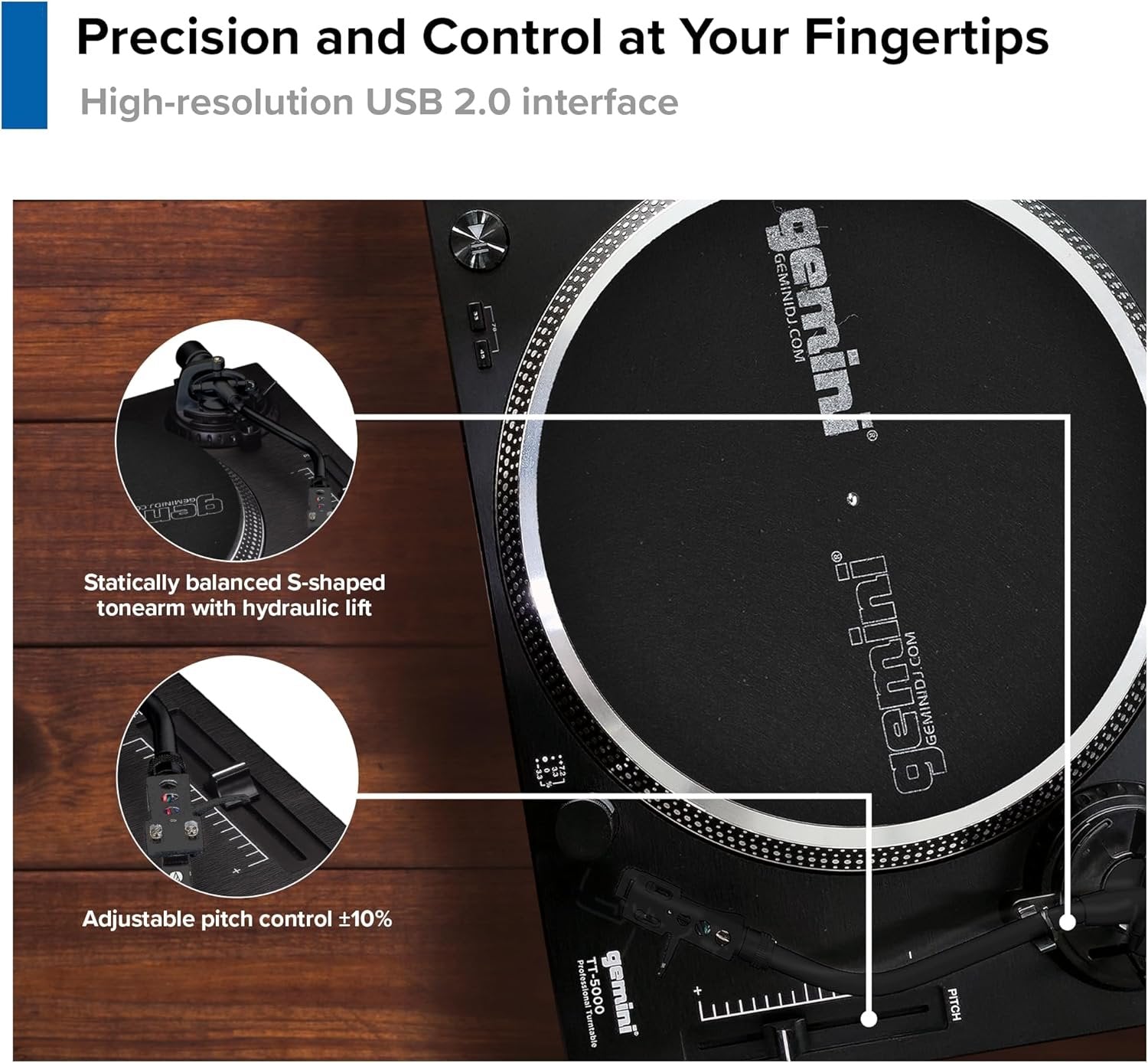 Gemini TT-5000 professional direct-drive turntable with aluminum platter and USB recording capability