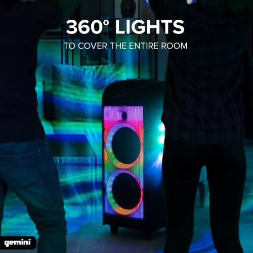 Gemini Sound GPLT-360 1000W portable Bluetooth speaker with 360° LED lights and bass boost feature, in black.