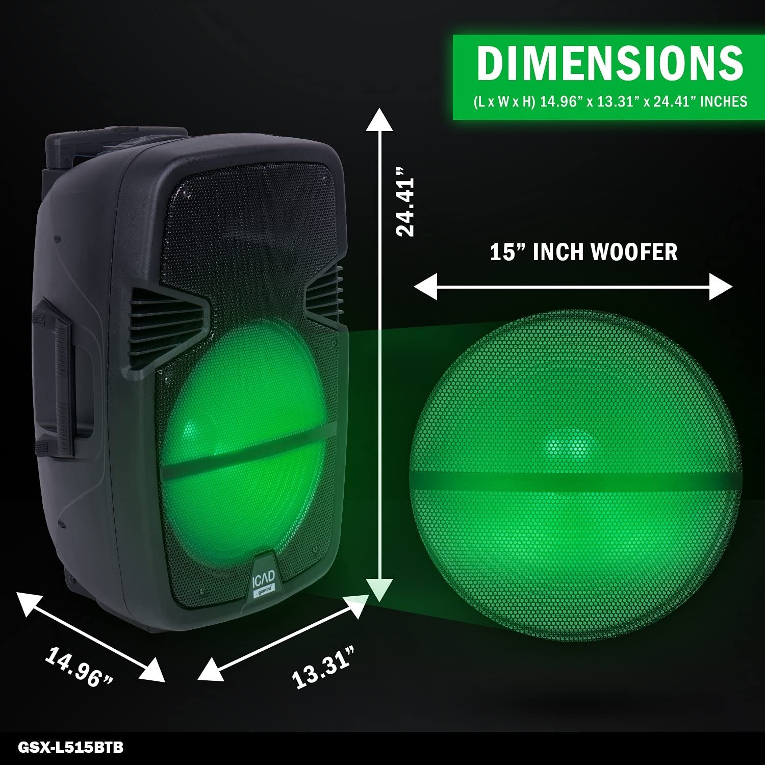 Gemini Sound GSX-L515BTB 15-inch rechargeable trolley speaker with LED lights, 2000W power, and AUX input