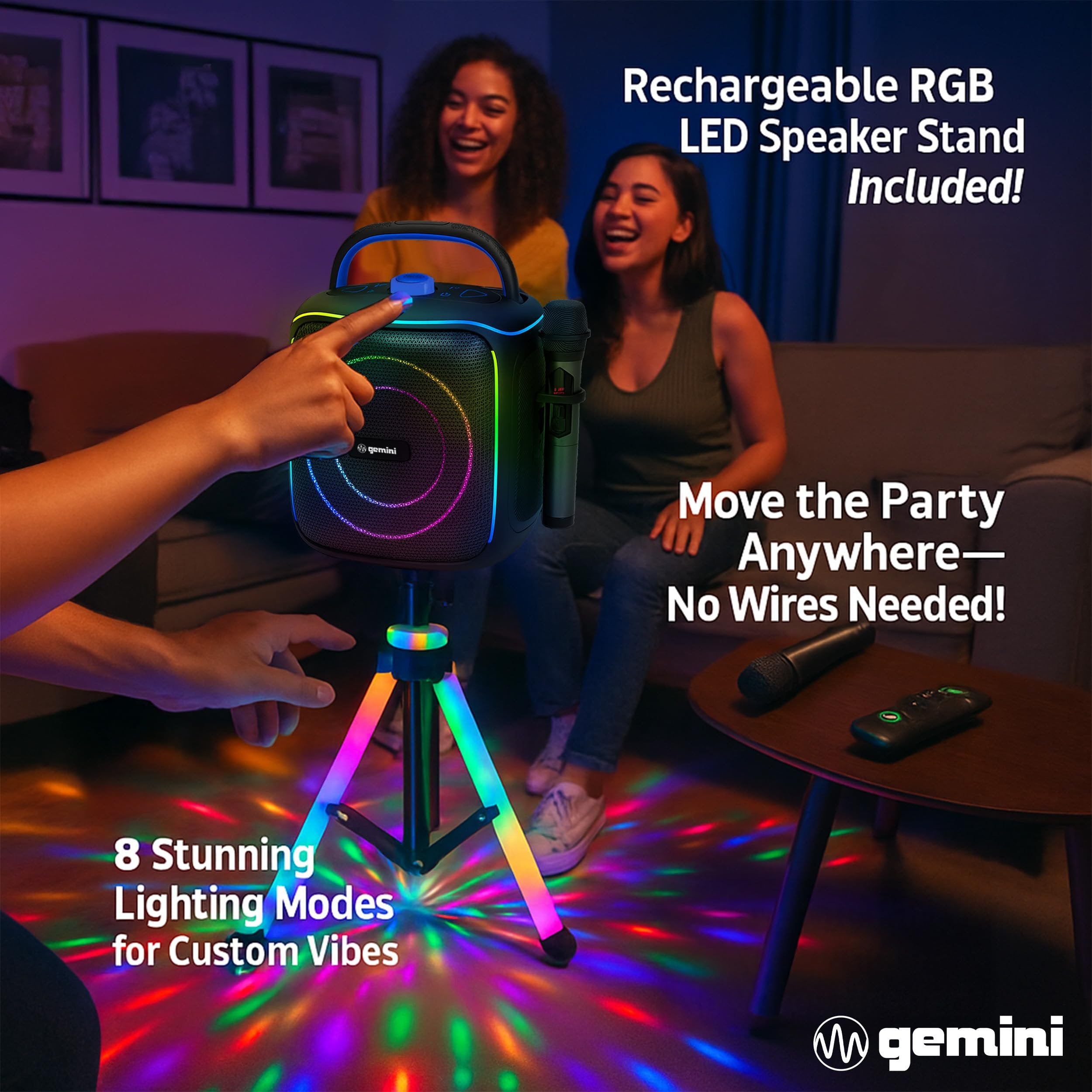Rechargeable karaoke speaker system with two wireless microphones and RGB LED tripod stand by Gemini Sound.
