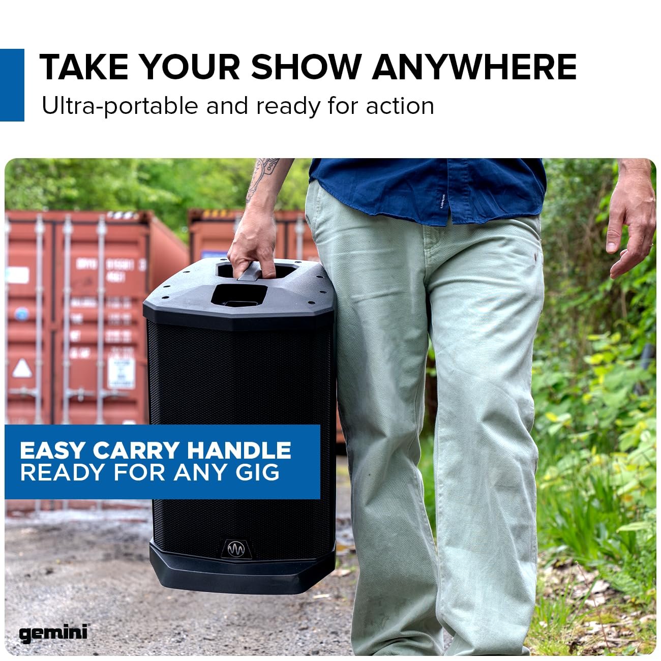 Gemini Sound WPX-2000TOGO Portable 1000W PA speaker with battery, 8-inch subwoofer, and array spacers in black