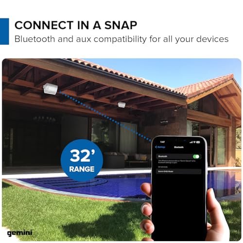 White waterproof outdoor Bluetooth speakers with adjustable mounting brackets by Gemini Sound