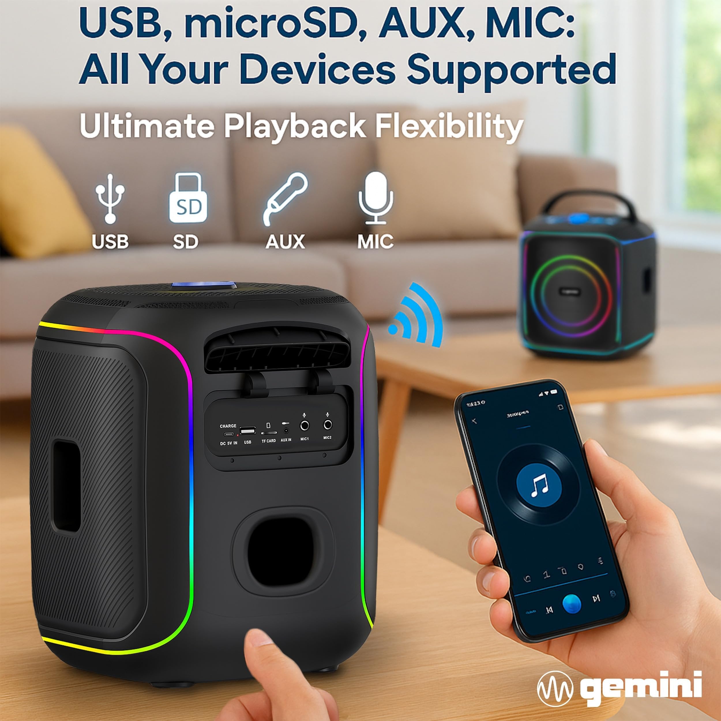 Gemini Sound GPK-200PK rechargeable karaoke speaker with wireless microphones and colorful LED accents.