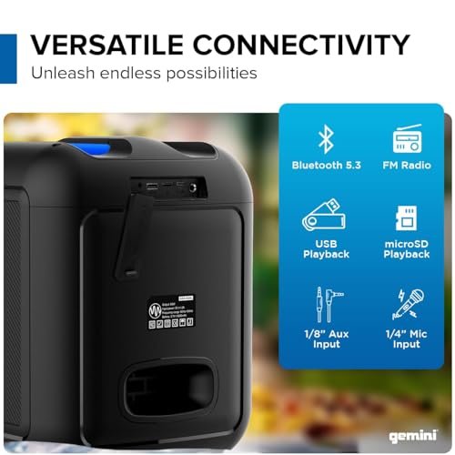 Gemini Sound GGO-650L portable wireless karaoke speaker with 100W power, LED lights, 6.5-inch woofer, and 2-inch tweeter.