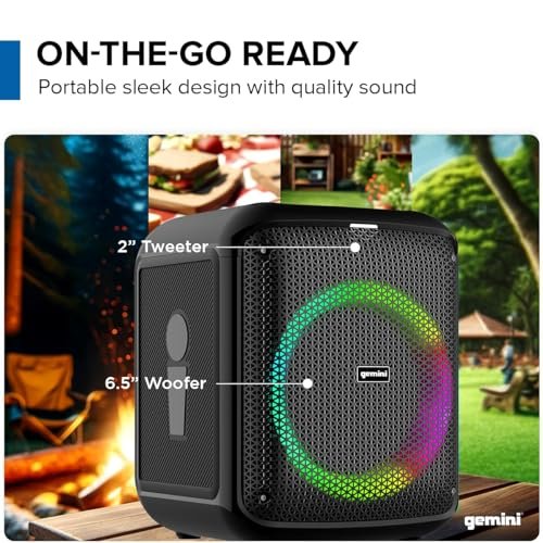 Gemini Sound GGO-650L portable wireless karaoke speaker with 100W power, LED lights, and 6.5-inch woofer
