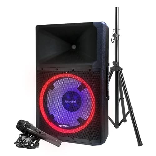Gemini Sound 15-inch Bluetooth PA speaker with LED lights, 2200W power, and black finish