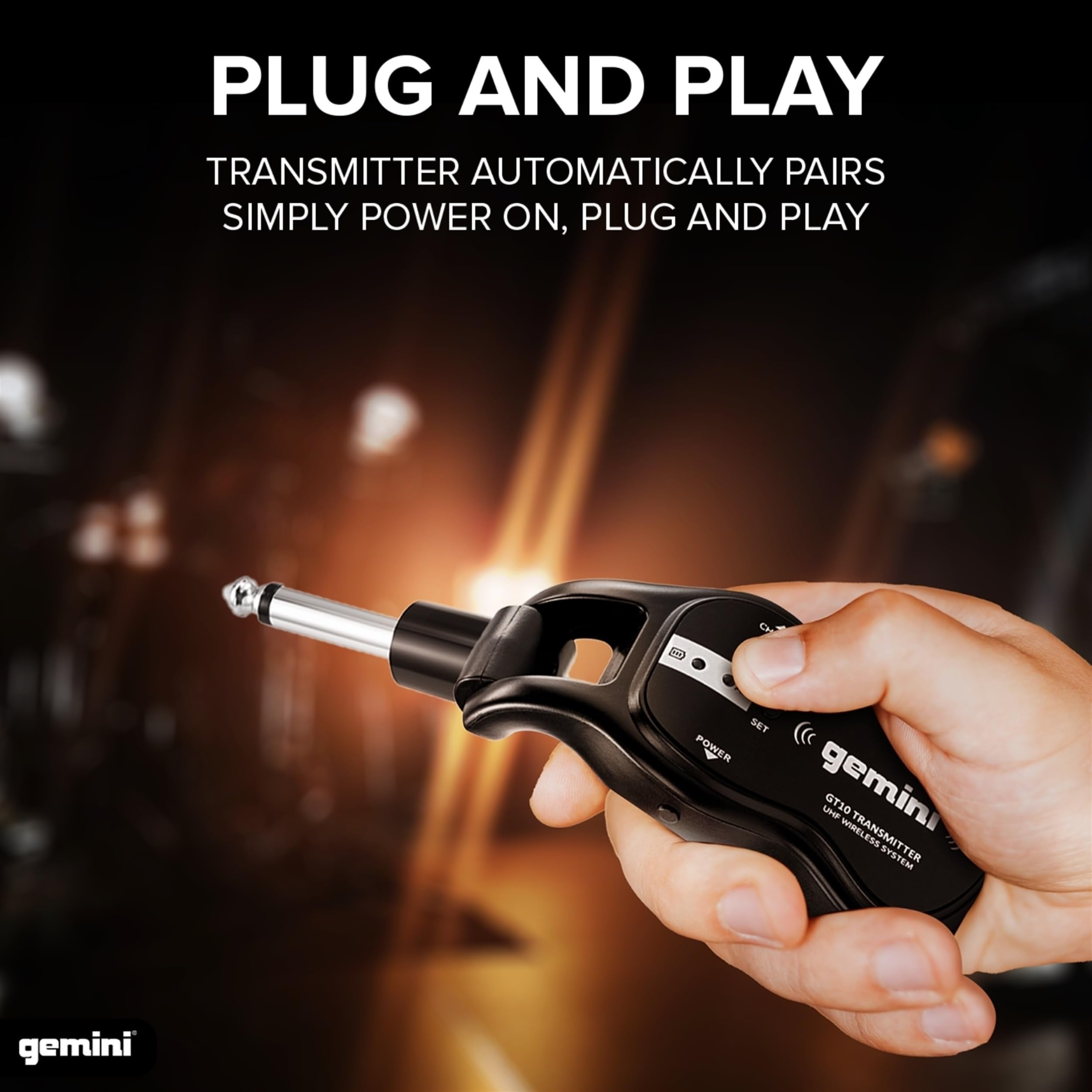 Gemini GMU-G100 UHF wireless guitar system with black body, featuring auto-pairing and 50-meter range