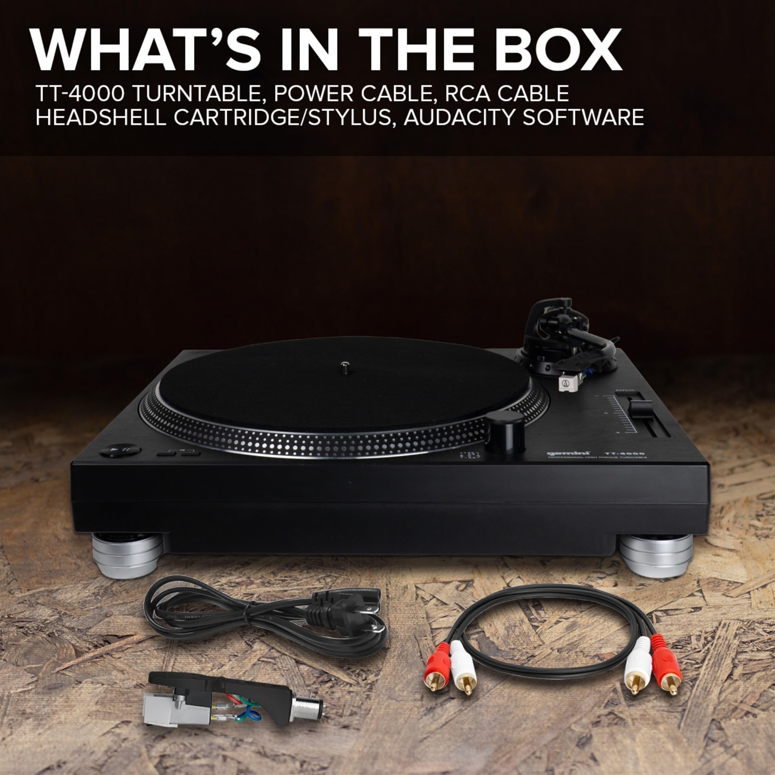 Gemini TT-4000 professional DJ turntable with aluminum platter, high torque direct drive, and anti-skate feature.