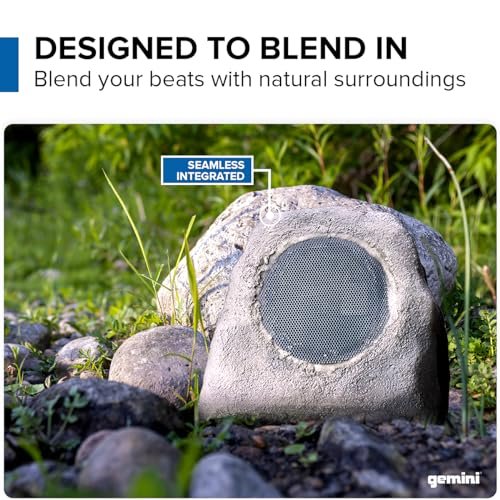 Gemini Sound solar Bluetooth rock speaker in camouflage design, waterproof with LED lights for outdoor use.