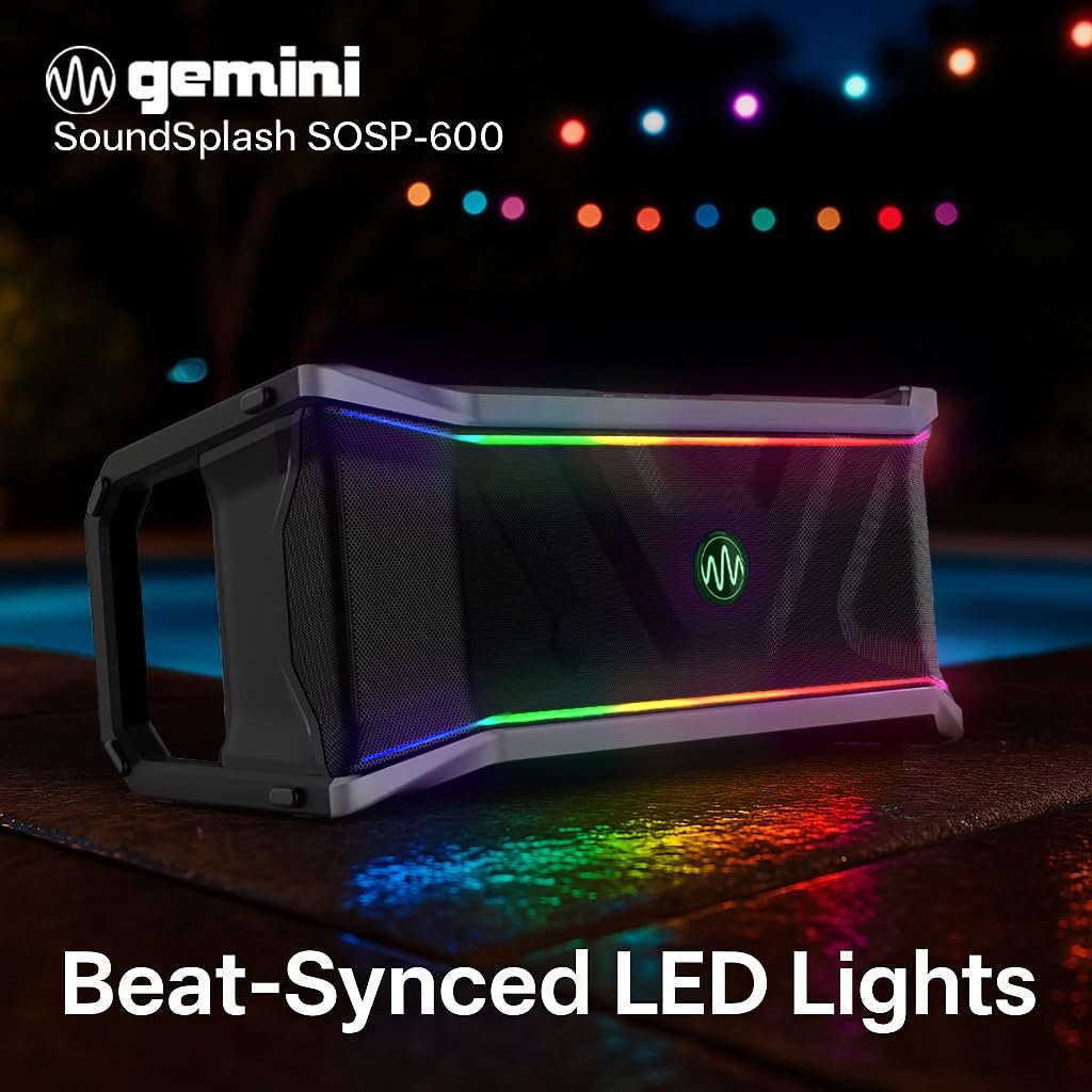 Silver Gemini SOSP-600 floating Bluetooth speaker, 300W, waterproof IP67, with 24hr battery and 270-degree sound