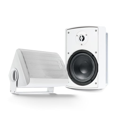 White waterproof outdoor Bluetooth speakers with adjustable mounting brackets by Gemini Sound