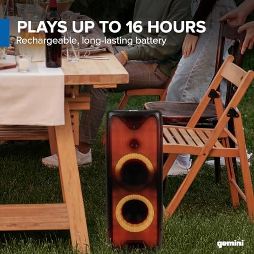 Gemini Sound GLS-550 Portable Bluetooth speaker with dual woofers, LED lights, and 16-hour battery in black.