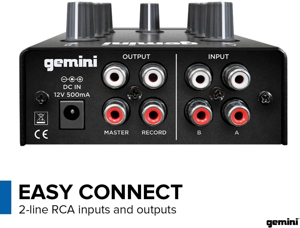 Gemini Sound MM1 portable 2-channel metal DJ mixer with audio-routing features, compact design for beginners