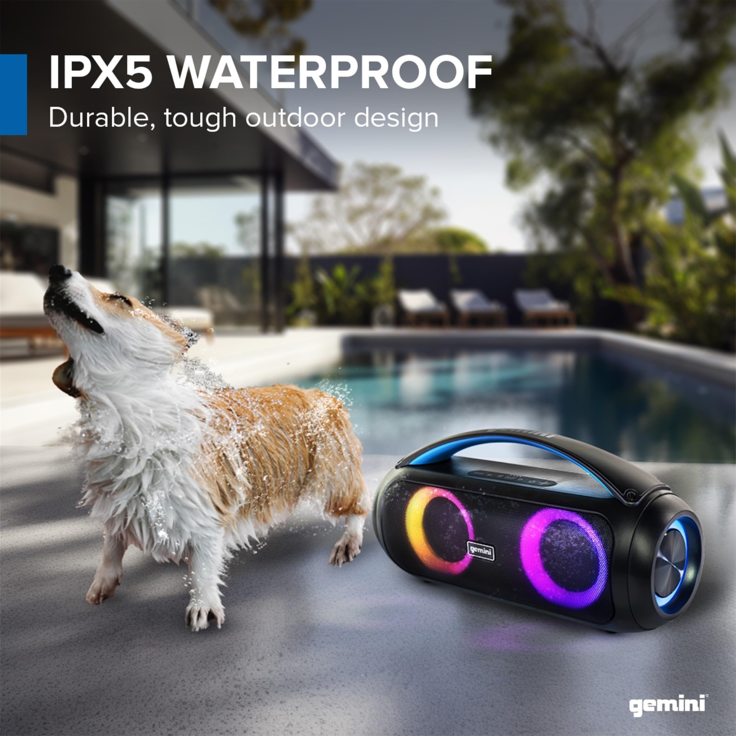 Gemini Sound GGO-230L waterproof Bluetooth speaker in black, portable design with IPX5 rating for outdoor use