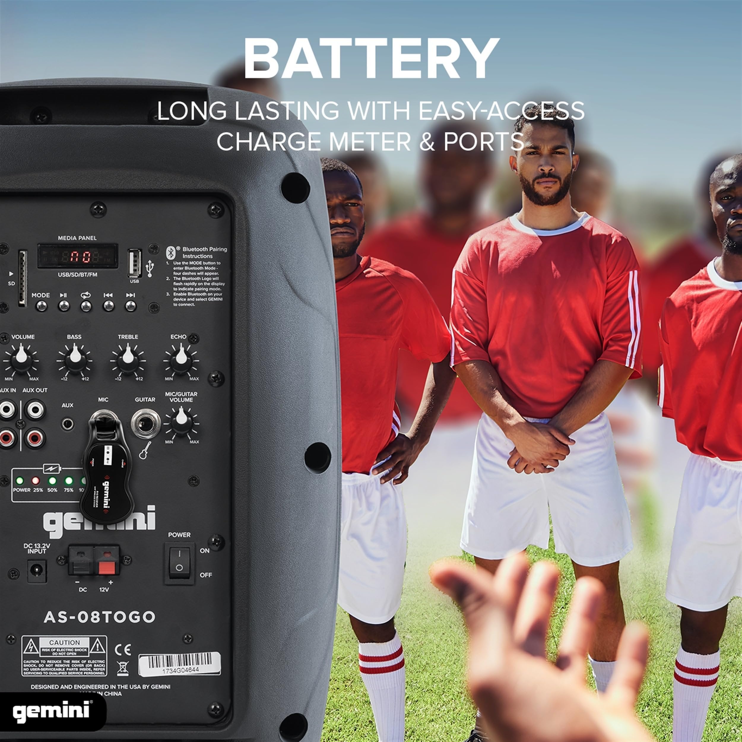 Gemini Sound Flip AS-08TOGO portable Bluetooth PA speaker in black with built-in handle and control panel