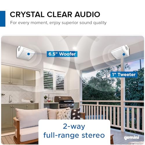 Gemini Sound GHSI-W650BT waterproof outdoor Bluetooth speakers with 6.5-inch woofers and aux input, black finish.