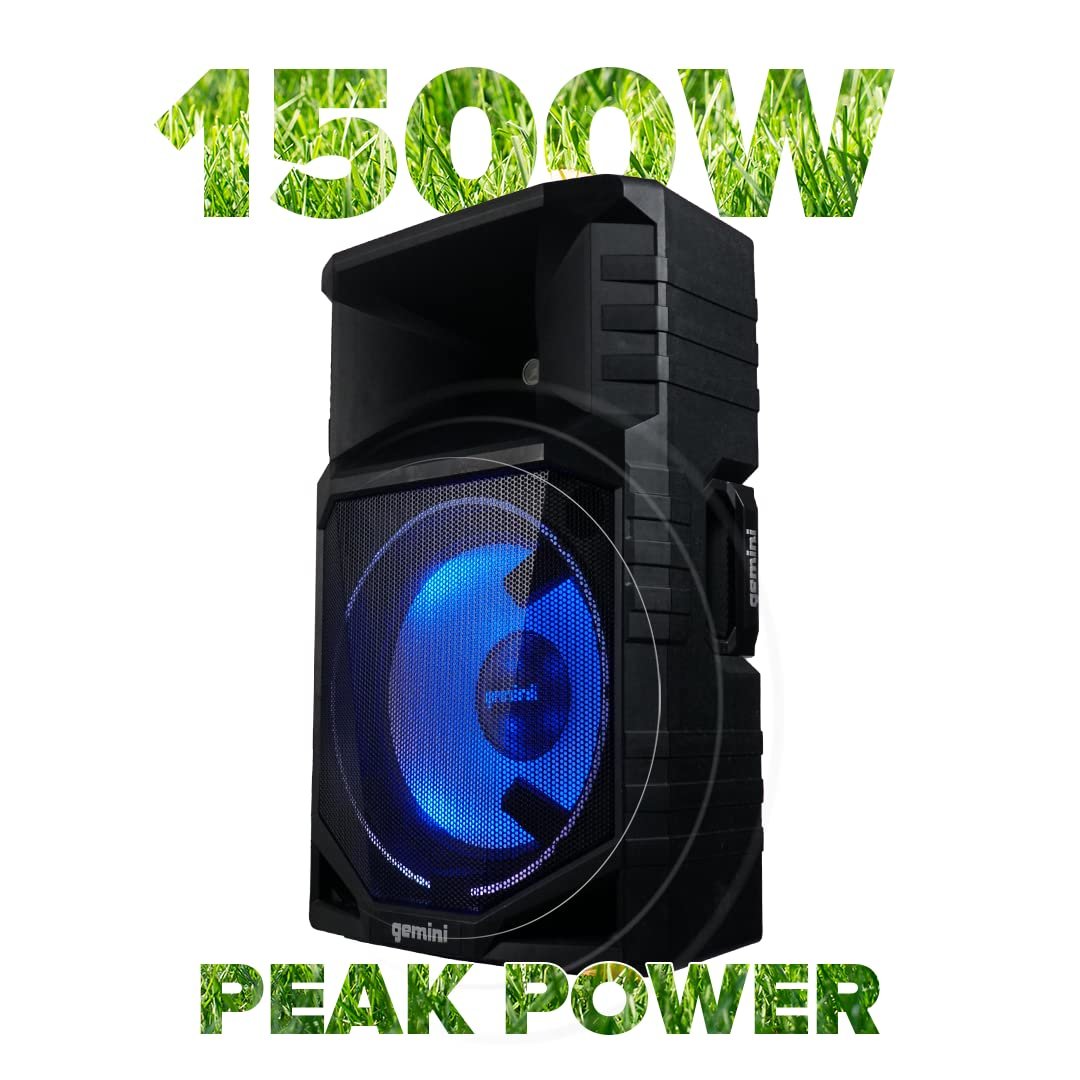 GSW-T1500PK Bluetooth PA speaker with 15-inch woofer, 1500W power, and adjustable stand, in black finish