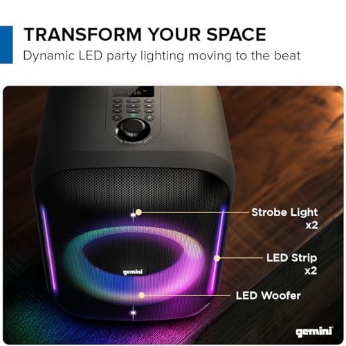 Gemini GRV-650L Bluetooth party speaker with LED lights and 6.5-inch woofer, featuring a sleek black design.