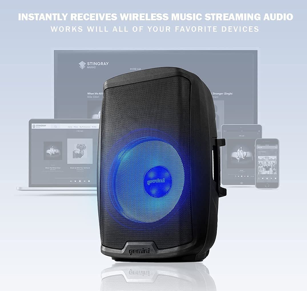 Gemini Sound 15-inch Bluetooth PA Speaker with LED lights, 2000W power, black finish