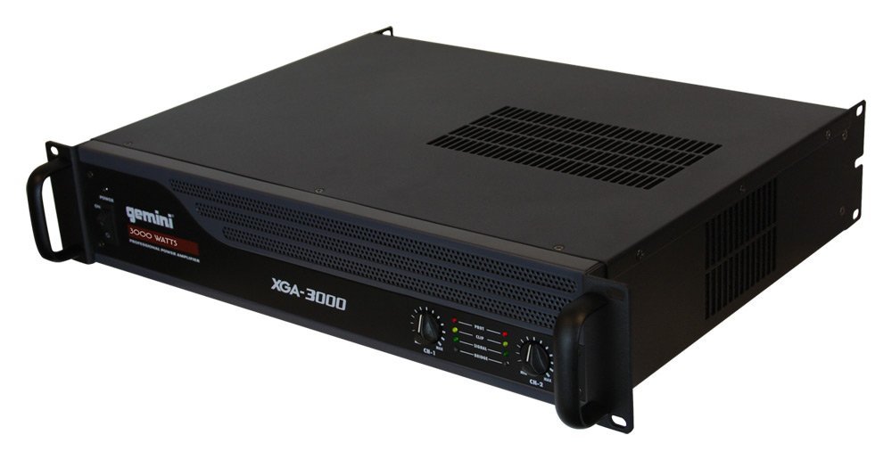 Gemini Sound XGA-3000 professional amplifier in black, featuring 3000-watt power output and multiple input options.