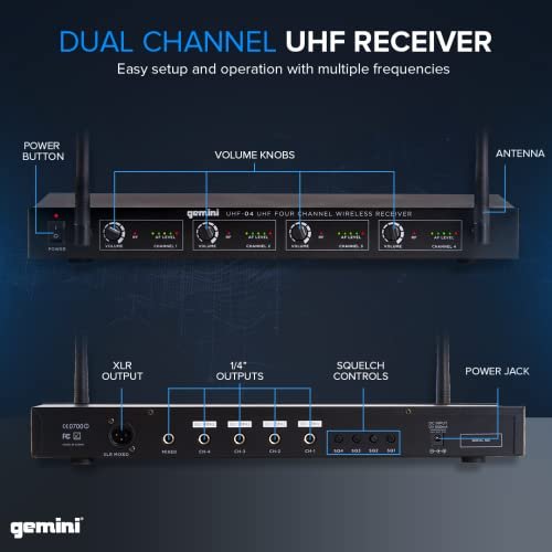 Gemini Sound UHF-04M wireless microphone system with 4 handheld mics and receiver for DJ and karaoke